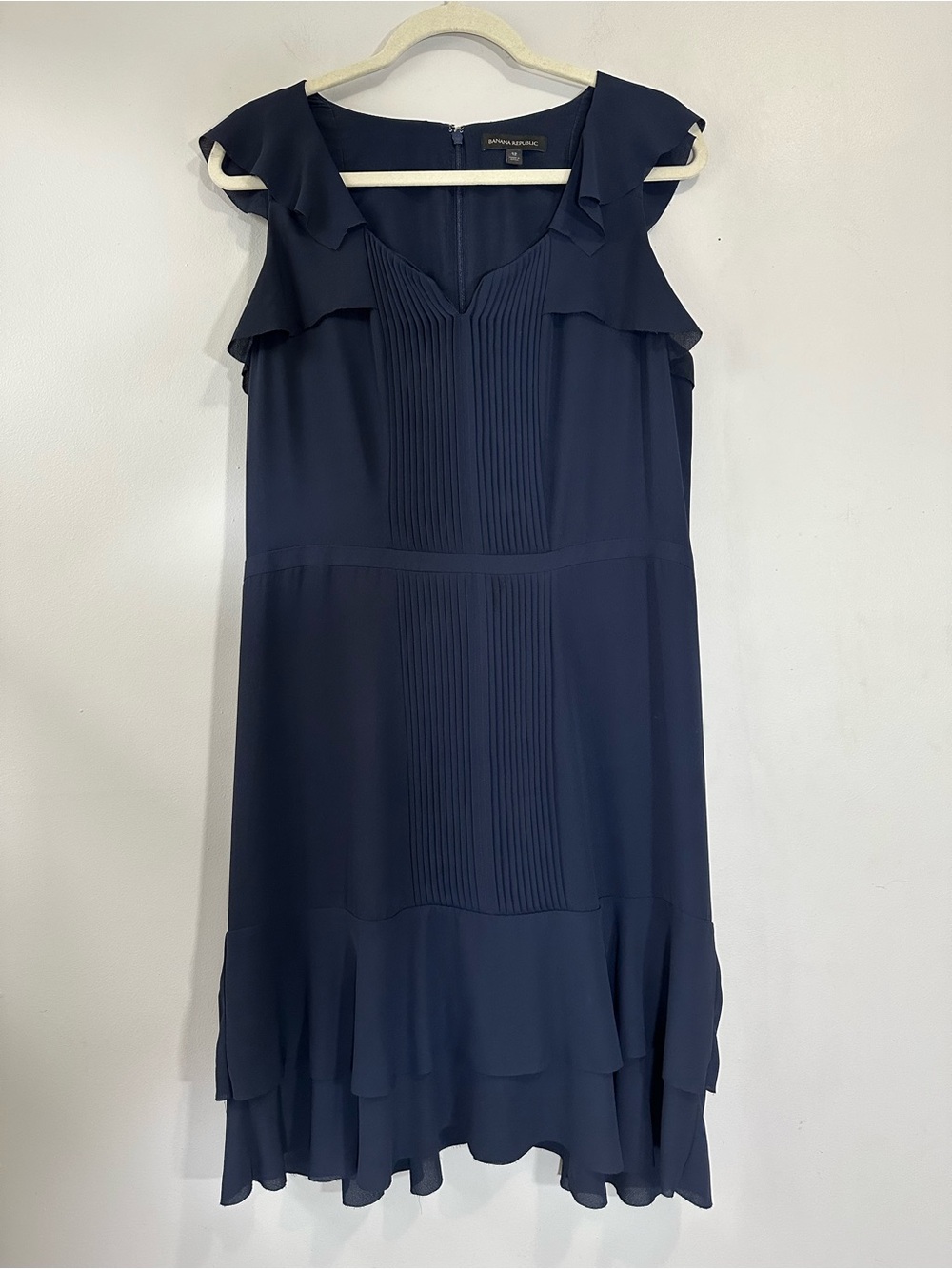 Banana Republic Navy Ruffle-Trim Pintuck Flutter Sleeve Pleated Dress Sz 12